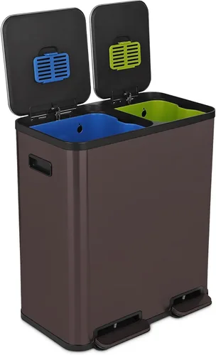 Vista 14 de Cubo de basura rectangular de 70 litros/18.5 galones con pedal, sin contacto manual, doble compartimento para reciclaje de cocina, con tapa Acero