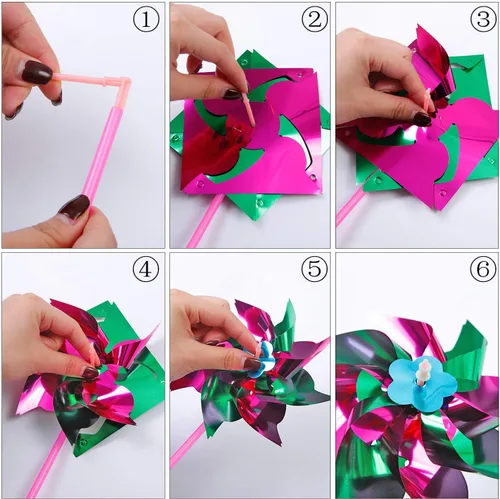 Vista 3 de Elcoho Molino de viento de plástico arcoíris de 100 piezas, molinetes de fiesta, molinetes de bricolaje para niños, juguete para jardín, fiesta