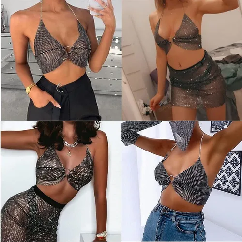 Vista 3 de Camiseta corta sin espalda con diamantes de imitación brillantes para mujer, sexy, halter, transparente, para salir por la noche, fiesta, club