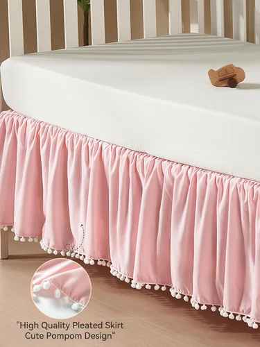 Vista 5 de TILLYOU Falda de cuna de bebé para niñas y niños, falda de cama con volantes con pompones, 28 x 52 pulgadas, caída de 14 pulgadas, rosa