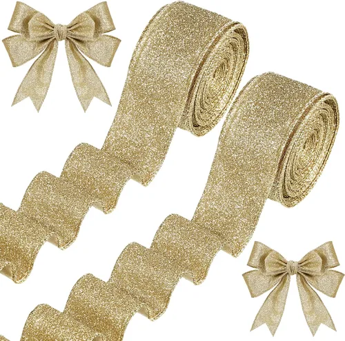 Vista 9 de 2 Rollos 20 Yardas Cinta de Navidad con Alambre Cinta Gruesa con Purpurina Cinta Metálica con Alambre para Envolver Regalos Cinta de Árbol