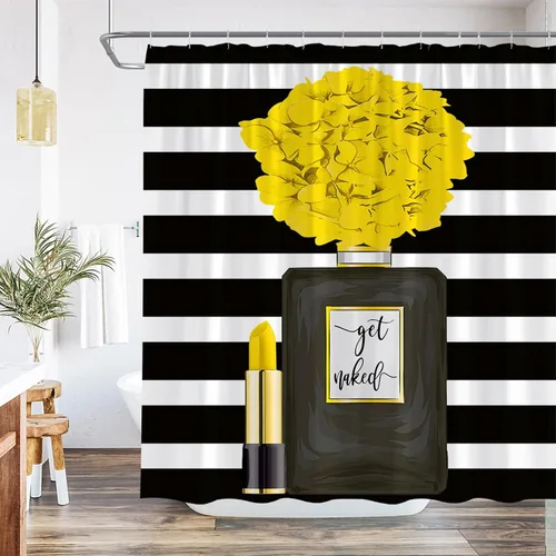 Vista 7 de Cortina de ducha negra con diseño de flores para niña, mujer, pintalabios, encantadora decoración de baño, juego de baño con gancho, 36 pulgadas