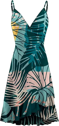 Vista 3 de Vestido de tirantes con cuello en V para mujer, sin mangas, estampado floral, vestido de verano sexy con dobladillo con volantes, vestido holgado