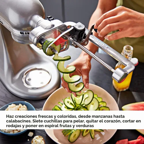 Vista 6 de KitchenAid Spiralizer Plus - Accesorio con cáscara, núcleo y rebanada, accesorio para procesador de alimentos plateado y KSM2FPA, kit de corte