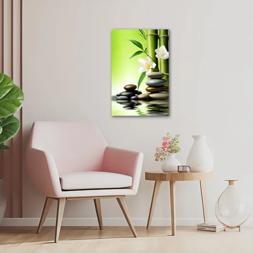 Vista 2 de LZIMU Arte de pared zen para decoración de baño, piedra zen, bambú y flores blancas, impresiones en lienzo de meditación zen para yoga, decoración
