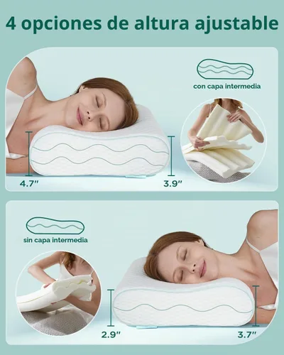 Vista 9 de Releep Almohada cervical de espuma viscoelástica para aliviar el dolor, contorno ajustable (4 alturas), portátil y lavable, almohada de viaje
