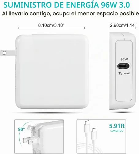 Vista 2 de Cargador USB C para MacBook Air/MacBook Pro/Mac Cargador USB C Cargadores de laptop, Bloque de carga Mac Book Pro de 96 W, adaptador de corriente