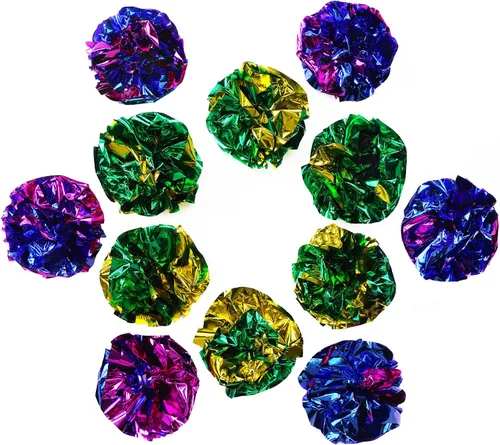 Vista 2 de CHIWAVA 24 bolas de Mylar de 1.6 pulgadas brillantes y arrugadas para gatos, pelota de gatito agrietado, juego ligero, colores surtidos