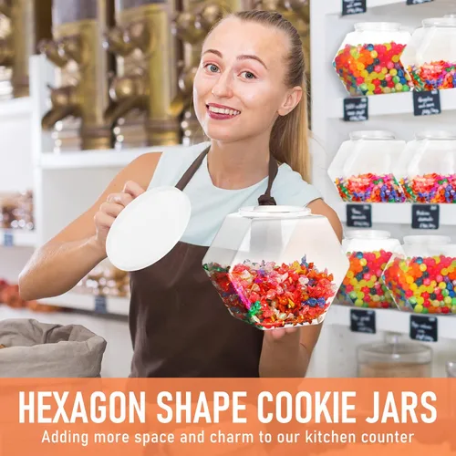 Vista 4 de EBOOT 4 tarros de plástico de 29 onzas para galletas de caramelo para encimera de cocina, tarro hexagonal con tapa, recipientes transparentes