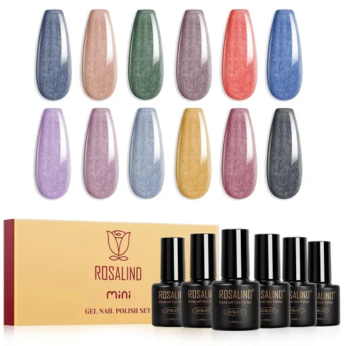 Vista 19 de ROSALIND Esmalte de uñas de gel de ojo de gato con imán, 12 piezas, esmalte de uñas de gel brillante holográfico púrpura azul rojo, esmalte de uñas