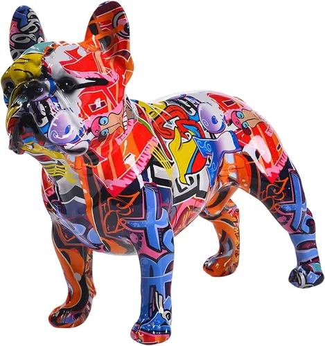Vista 8 de Graffiti - Estatua de bulldog francés, escultura de perro de resina colorida para decoración del hogar, sala de estar, estilo D