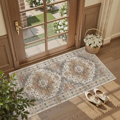 Vista 278 de Madane Alfombra lavable de 2 x 3 pies, alfombra de entrada pequeña, antideslizante, vintage, para entrada interior, alfombra de pelo bajo