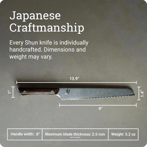 Vista 5 de Shun Kanso - Cuchillo de pan de 9 pulgadas, cuchillo serrado japonés hecho a mano, hoja de acero inoxidable AUS10A, mango Tagayasan, herramienta