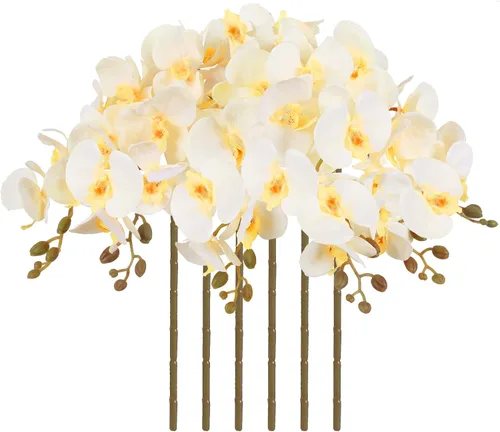 Vista 15 de Orquídeas artificiales de 38 pulgadas, 6 unidades, orquídeas falsas rosas, orquídeas de seda de terciopelo, flores artificiales de tallo largo