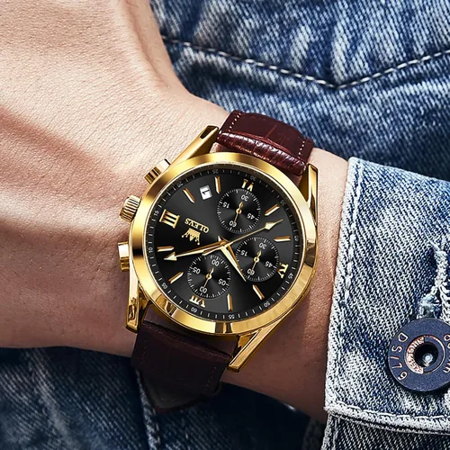 Vista 3 de OLEVS Reloj cronógrafo para hombre, reloj de pulsera analógico de cuarzo con correa de cuero para hombre (azulblanconegrodorado)