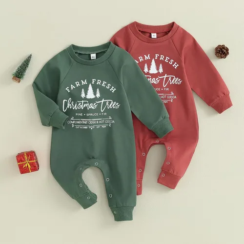 Vista 7 de BULINGNA Mameluco de Navidad para bebés, niños y niñas, diseño de árbol de Navidad, estampado de letras para otoño e invierno