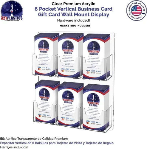 Vista 2 de Marketing Holders Tarjetero de pared con accesorios para colgar para tarjetas de regalo verticales de 2 x 3.5 pulgadas, acrílico transparente con 6