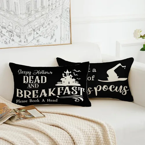 Vista 4 de Juego de 2 fundas de almohada de Halloween de 12 x 20 pulgadas, fundas de almohada de Hocus Pocus, color negro, para otoño, decoración de granja