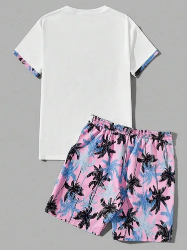 Vista 63 de GORGLITTER Conjunto de 2 piezas de camiseta gráfica de manga corta para hombre, estampado hawaiano con cordón y pantalones cortos