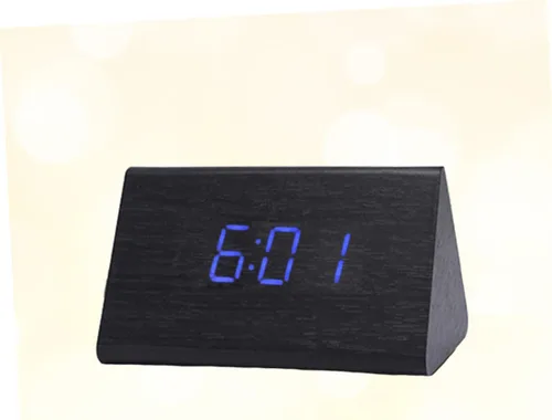 Vista 9 de Moderno reloj de escritorio LED de madera con control de sonido, pantalla digital grande, alarma con función de repetición, termómetro
