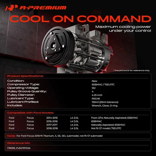 Vista 2 de A-Premium Compresor de A/C con embrague compatible con Ford Focus 2.0L 2014-2018 Aspirado naturalmente (no turboalimentado)