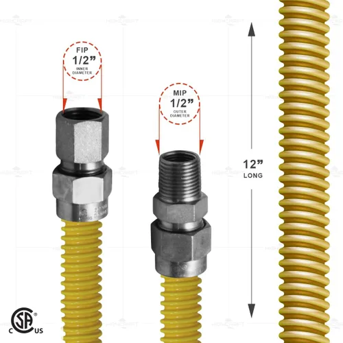 Vista 3 de Conector de gas de acero inoxidable con revestimiento amarillo de 12 pulgadas, conector de manguera de gas flexible de 1/2 pulgada de diámetro
