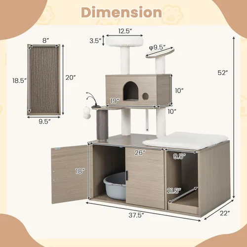 Vista 4 de Tangkula Árbol para gatos con caja de arena, torre para gatos con caja de arena, condominio para gatos, tabla de rascar, perca de felpa suave, bolas