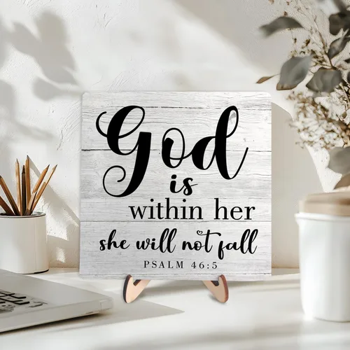 Vista 6 de Letrero de madera inspirador cristiano, versículo de la Biblia, Salmo 46:5, letrero de madera con texto en inglés "God is Within Her, She Will Not