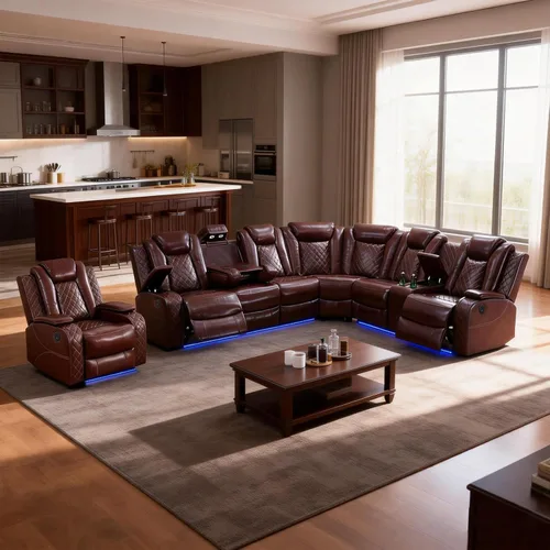 Vista 13 de Juego de sofá reclinable eléctrico, juegos de muebles de sala de estar, juego de sofá modular de cuero con luces LED, portavasos, consola