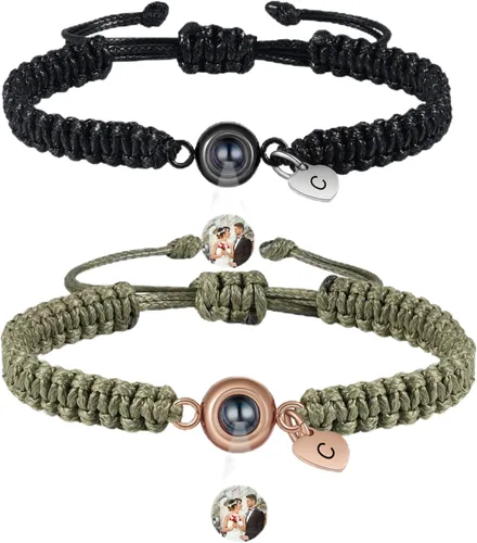 Vista 10 de Pulsera con inicial personalizada con imagen en el interior, cuerda de proyección de fotos personalizada para hombres y mujeres, regalo