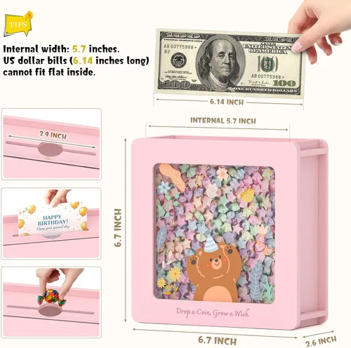 Vista 3 de Summidate Caja de ahorro de dinero de madera, caja de ahorro de ventana transparente con calcomanías de bricolaje, alcancía de oso personalizada