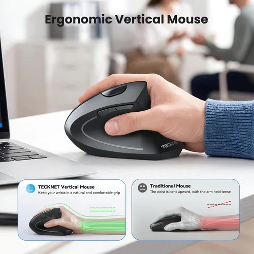Vista 7 de TECKNET Ratón Ergonómico, Ratones Verticales Recargables 2.4G+Bluetooth 6 DPI Ajustables, Ratón Óptico Inalámbrico para Túnel Carpiano Mano Derecha