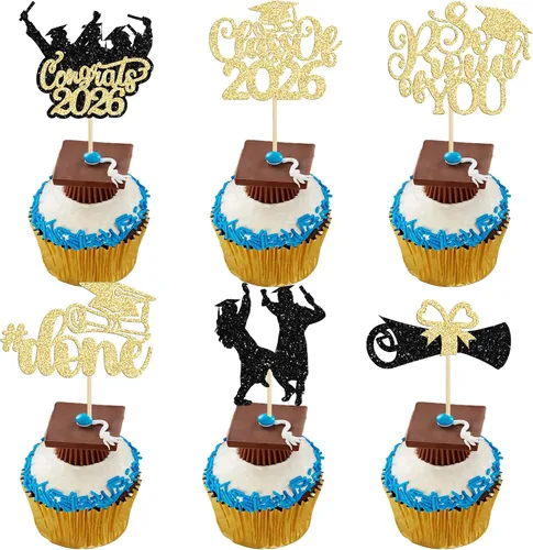 Vista 17 de Gyufise 24 piezas de decoración para cupcakes con purpurina para graduación 2026, decoración de pasteles para graduación 2026, decoración de Negro