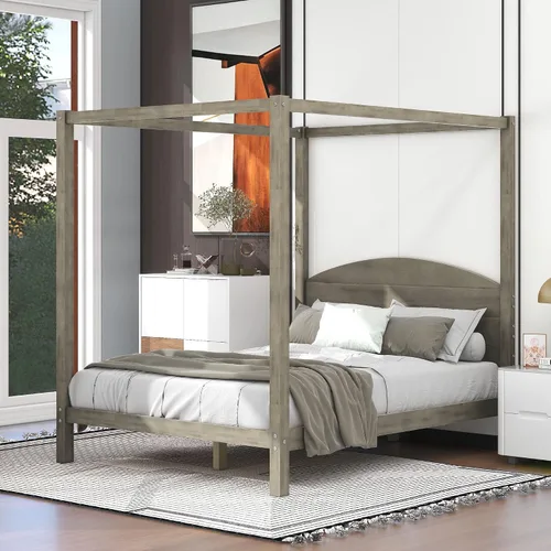 Vista 10 de Linique Cama de plataforma tamaño King con cabecera y patas de soporte, marco de cama King de madera con cuatro pósteres, no requiere somier, gris