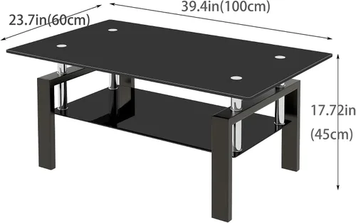 Vista 2 de Mesa de centro moderna de vidrio, mesas de té de vidrio templado negro de 2 niveles para sala de estar, rectangular de 39.4 x 23.7 x 17.72 pulgadas