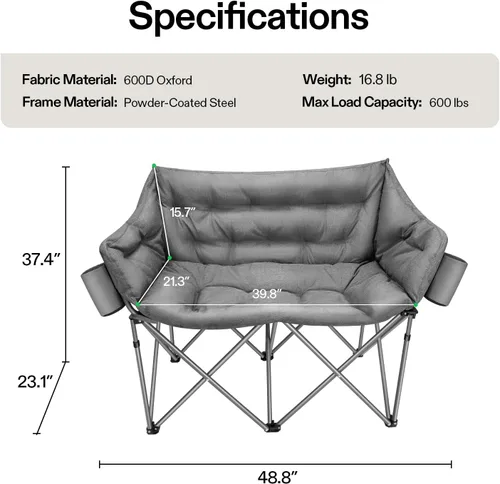 Vista 2 de VIVOSUN Double Camping Chair, Fully Padded Folding Loveseat, Oversized Duo Chair with Cup & Wine Glass Holders, Pocket, Armrests & Carry Bag