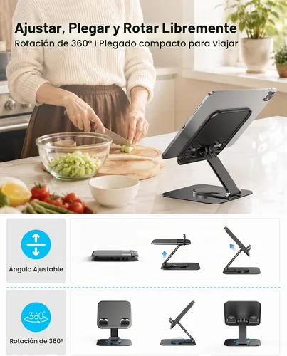 Vista 3 de OMOTON TA04 Ultra-Slim Tablet Stand for iPad, Swivel Phone Holder for Desk 360°Rotation Metal base with plastic panel, Adjustable angle, Silicone