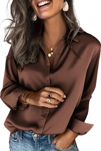 Vista 24 de Zeagoo Blusas de satén para mujer, camisas de seda con botones de manga larga, blusas casuales de negocios