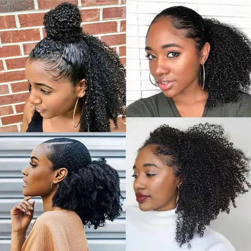 Vista 8 de Cola de Caballo con Cordón Afro Puff Cabello Humano Afro Rizado Crespo Cola de Caballo con Cordón 4C para Mujeres Negras Extensión de Cabello Humano