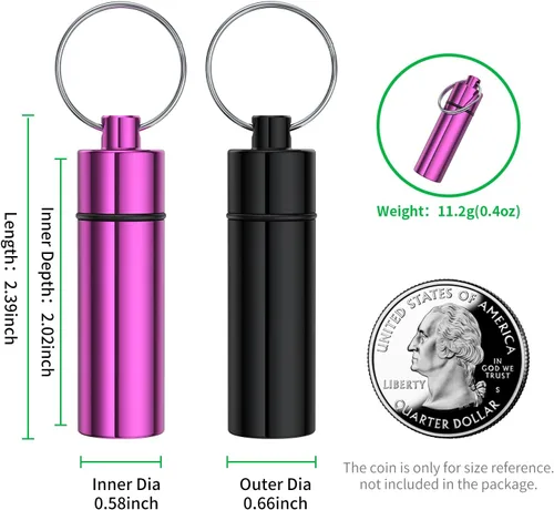 Vista 2 de Pastillero pequeño, (paquete de 5) llavero portapíldoras portátil mini contenedor de píldoras de viaje estuche metálico botella con llavero