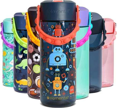 Vista 39 de Elemental Botellas de agua para niños – Botella de agua para niños Splash para la escuela con mango Pop-it – Botella de agua de plástico Tritan sin