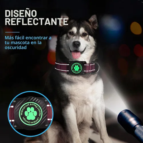 Vista 4 de Airtag - Collar para perro, collar de nailon con soporte impermeable para AirTag, collar luminoso reflectante ajustable para mascotas para perros