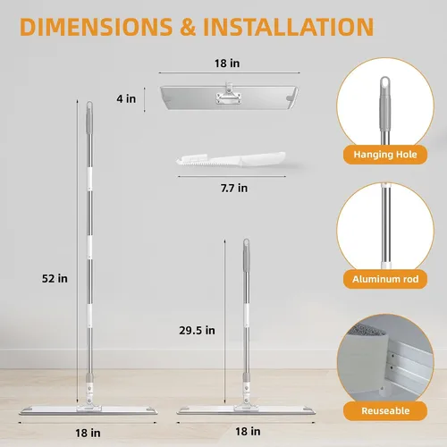 Vista 3 de Trapeador plano de microfibra para limpieza de pisos, base de aluminio de 18 pulgadas (17.7 pulgadas/17.7 in), mango ajustable de acero inoxidable