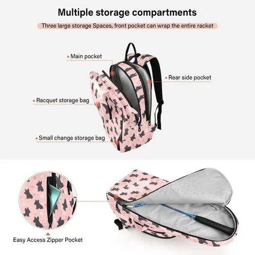 Vista 5 de Tennis Sport Bag for Women Waterproof Black Scottish Terrier Paw Peach 2 Rackets Tennis Racket Cover Bag Gym Bag for Tennis, Badminton, Pickleball