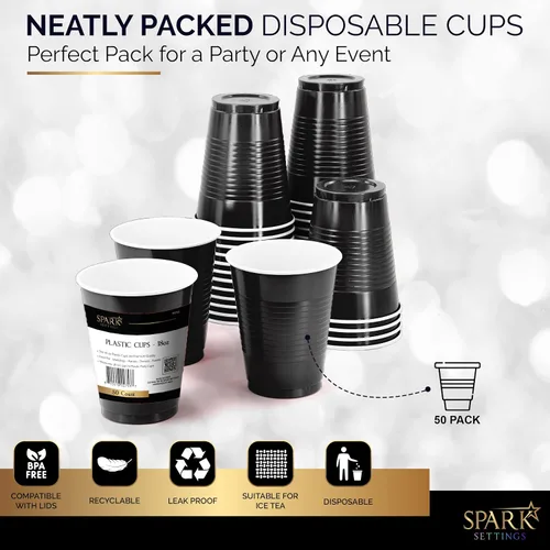 Vista 5 de Amcrate Vasos desechables, vasos de plástico negros de 18 onzas, fuertes y resistentes para bodas, Navidad, Halloween, paquete de 50