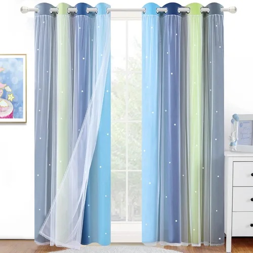 Vista 18 de Cortinas de rayas de estrellas para dormitorio de niñas, cortinas huecas para ventana, cortinas de ventana con ojales, cortinas coloridas degradadas