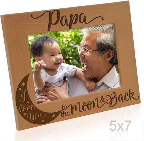 Vista 3 de KATE POSH Marco de fotos con grabado de madera natural Papa I Love You to the Moon and Back. El mejor abuelo de la historia, día del padre, regalos