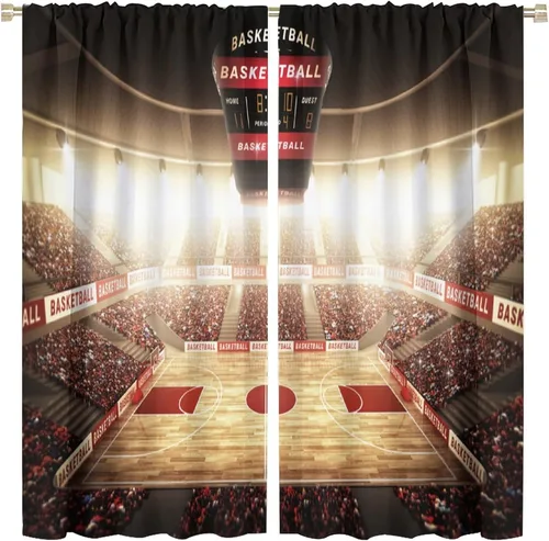 Vista 19 de Cortinas deportivas de baloncesto para niños, patrón de llama de bola 3D naranja, 42 pulgadas de ancho x 45 pulgadas de largo