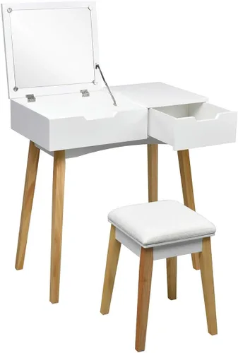 Vista 8 de CHARMAID Mesa de tocador con espejo abatible y taburete, mesa de maquillaje de madera escritorio con cajón, compartimento de almacenamiento, juego