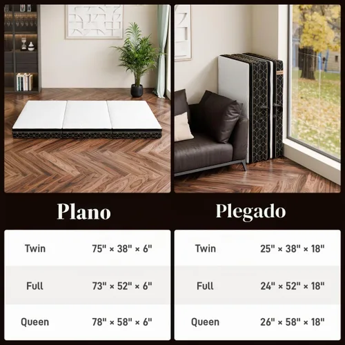 Vista 6 de GEMBED Colchón de Espuma Viscoelástica Tri-Fold - Cama de Piso Plegable Portátil de 3 Pulgadas con Funda Lavable y Base Antideslizante, Ahorra